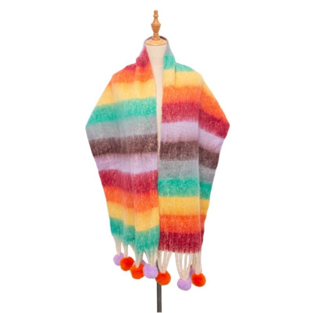 Mohair Rainbow Tassel Shawl Loop Yarn Winter Cashmere Scarves Retro Warm Wraps Women/Men