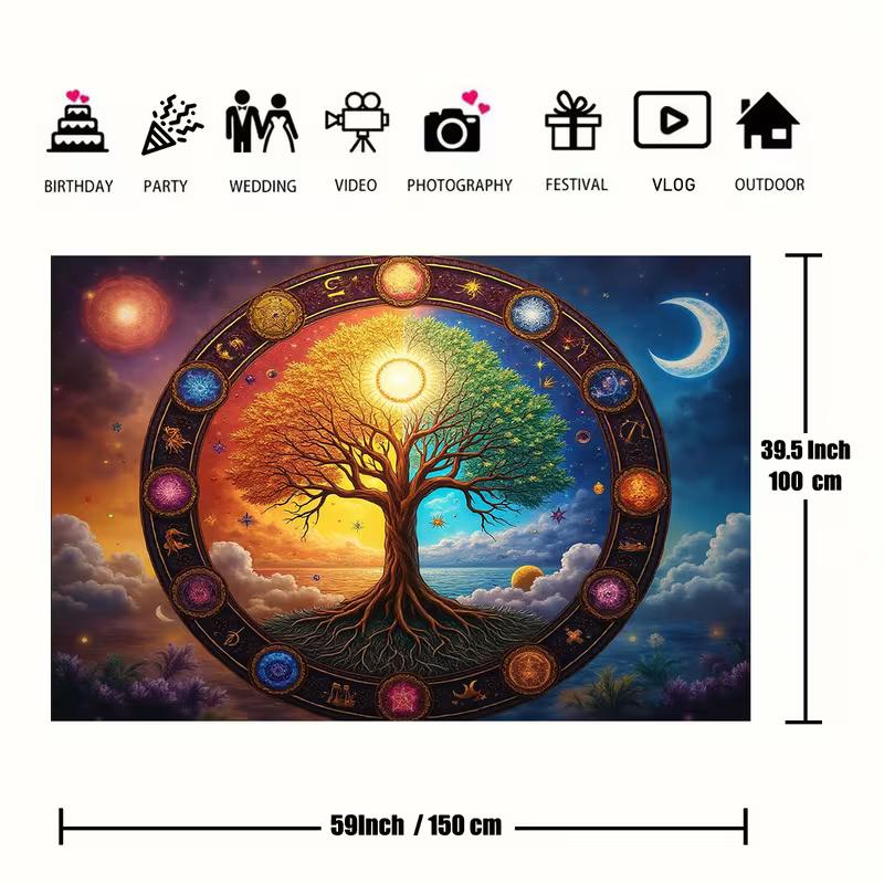 2D Astrology Tree Backdrop, Celestial Wheel Background for Mystical & Wiccan Events