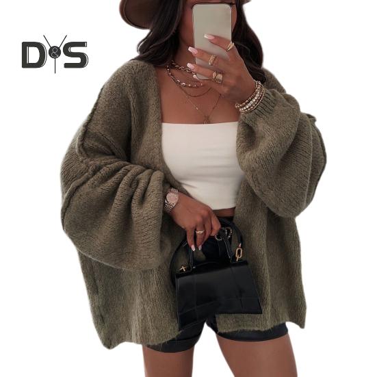 Cardigan feminino lanterna manga longa cor sólida oversized malha cardigan frente aberta leve suéter outwear