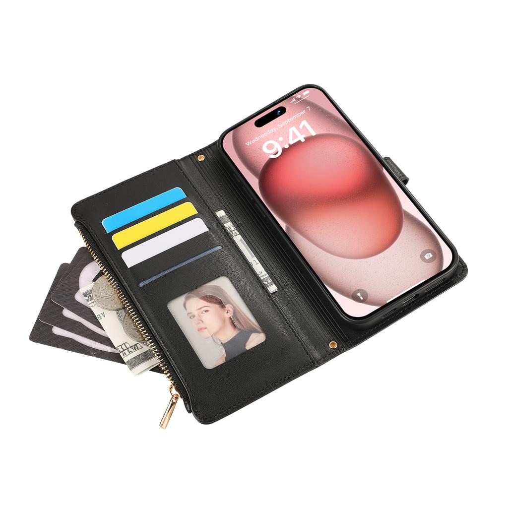 For iPhone 15 Pro Max Case Multi Card Slots Zipper Rhombus Leather Phone Cover with Wrist Strap