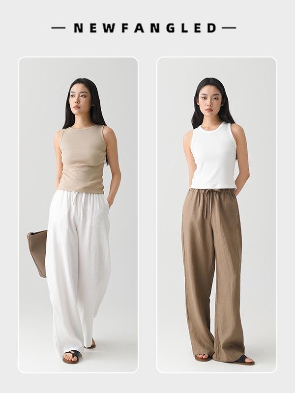 Women's Pure Linen Wide-Leg Pants - White, Summer Style, Loose Fit, High-End, Relaxed Feel