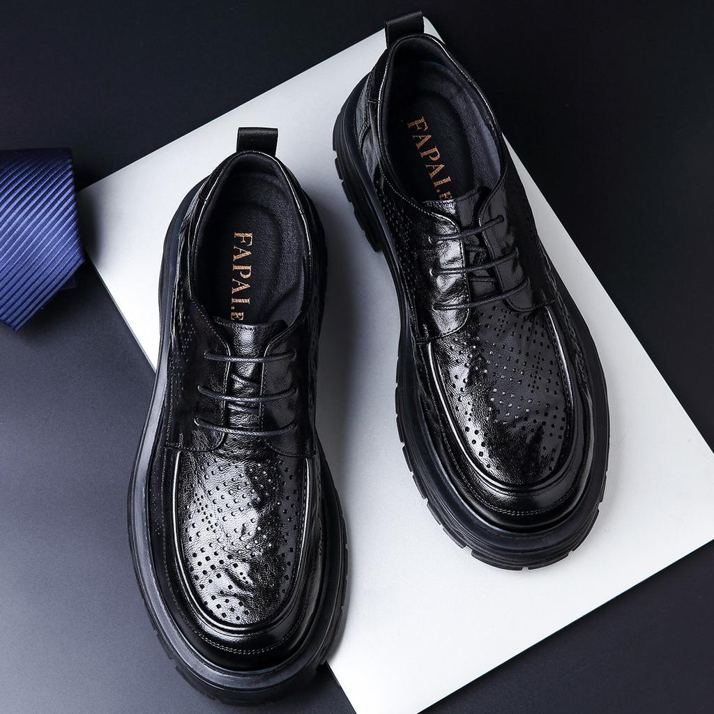 2025 New Hollow Leather Shoes British Style Leather Men's Shoes Platform Breathable High-end Leather Shoes Men's Summer Trend