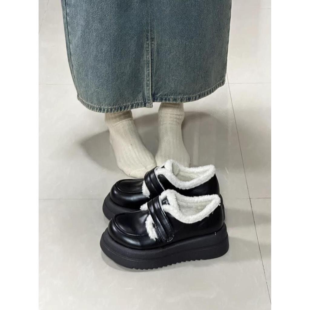 Thick-soled Velvet Loafers Women's 2025 New Ugly Cute British College Style Heightened Warm Cotton Shoes Small Leather Shoes