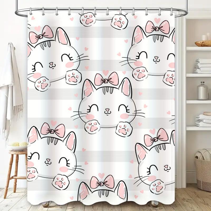 Adorable Kitten Shower Curtain Pink Bow Tails Design for Bathroom Decor White Waterproof Fabric Perfect Gift Idea for Cat Lovers