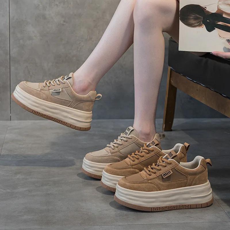 High Quality 7CM Cloth Suede Genuine Leather Fashion Women Autumn Chunky Sneaker Platform Wedge Women Vulcanize New Spring Shoes