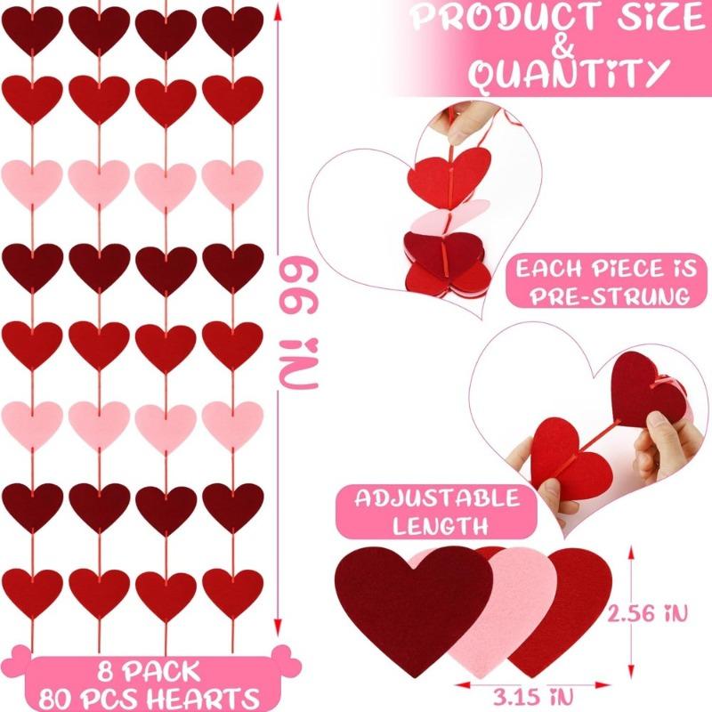 DIY Pre-Assembled Red Heart Felt Garland - Hanging Decoration for Valentine's Day, Birthday Party Supplies