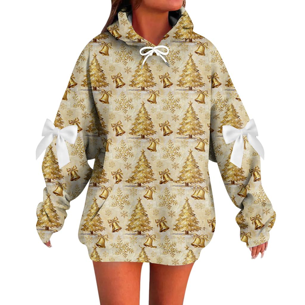Ladies' Christmas Printed Bow Long Sleeved Loose Fitting Headband With Rope Hooded Sweatshirt Top