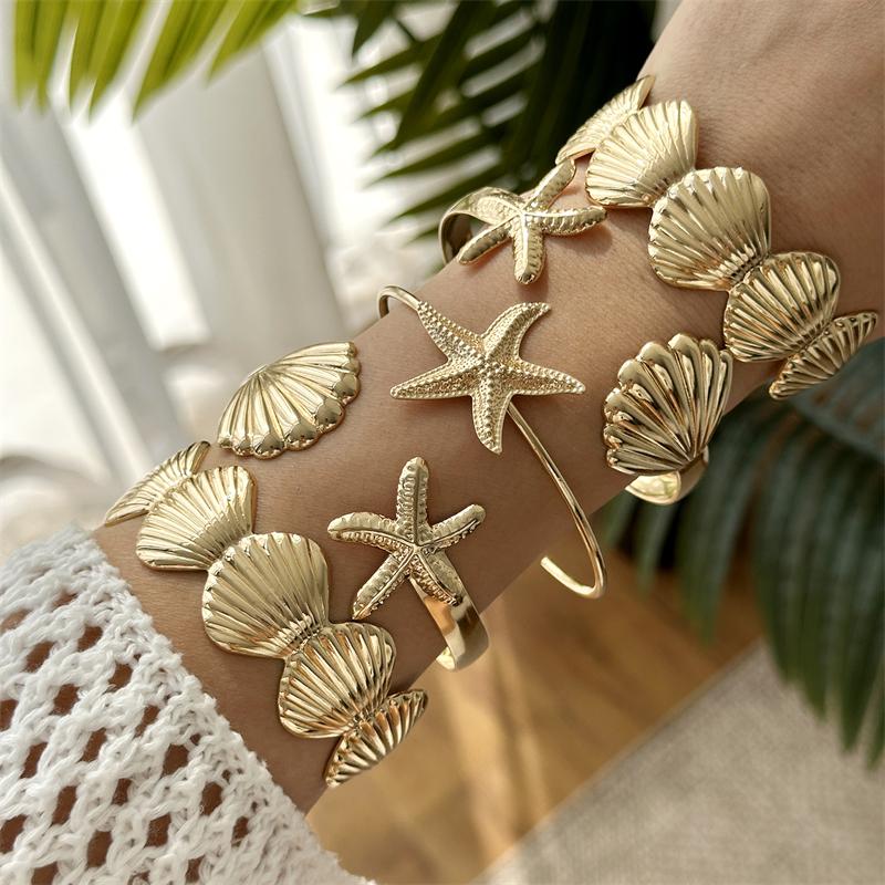 

Summer Starfish Shell Open Cuff Bracelet 5-Piece Set Beach Vacation Style Accessory Fashion Vintage Daily Accessory
