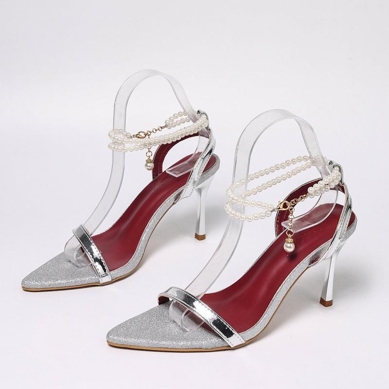 New summer fairy style stiletto high heels pearl chain word with open toe sandals non-slip