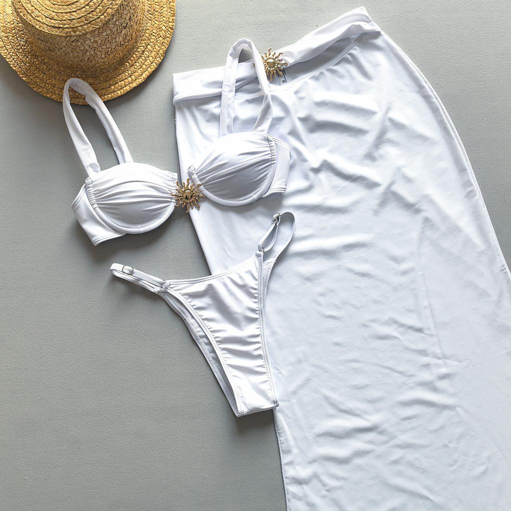 OFTBUY 2025 Summer Sexy Solid Long Swimsuit Dress Women 3 Pieces Bikini Set Wire Non-removable Bra Plain Beach Swimwear Female Steel Bracket Chest Pad