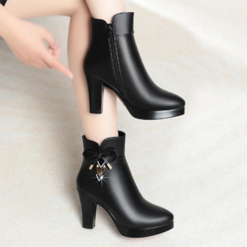 High-heeled Ankle Boots, Autumn and Winter Women's Leather Shoes, Fashion Boots, Cotton Boots