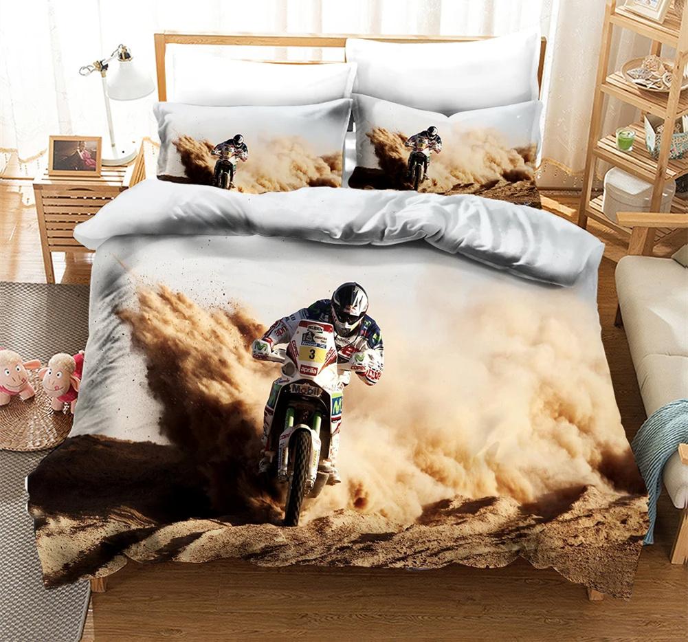 Motorrad Bettwäsche Set 3D Druck Autos Bettbezug mit Kissenbezug Motocross Tagesdecke Jungen Kinder Bettset King Size Heimtextilien