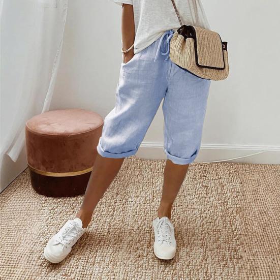 Women Pants Loose Drawstring Elastic Waist Casual Solid Color Pocket Design Knee Length Pants for Daily Wear Sport Beach