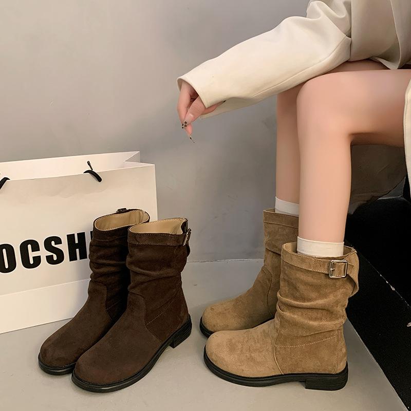 Medium tube short boots women's 2025 autumn and winter new versatile retro knight stacking boots flat-bottomed sleeve suede Martin boots