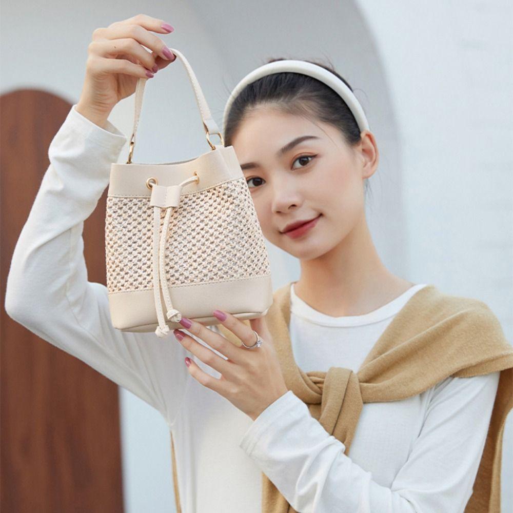 Mode Bündel Tasche Stroh Umhängetasche Gewebt Pendeln Kordelzug Eimerbeutel Handtasche Messenger Bag Strand Schultertasche Damen