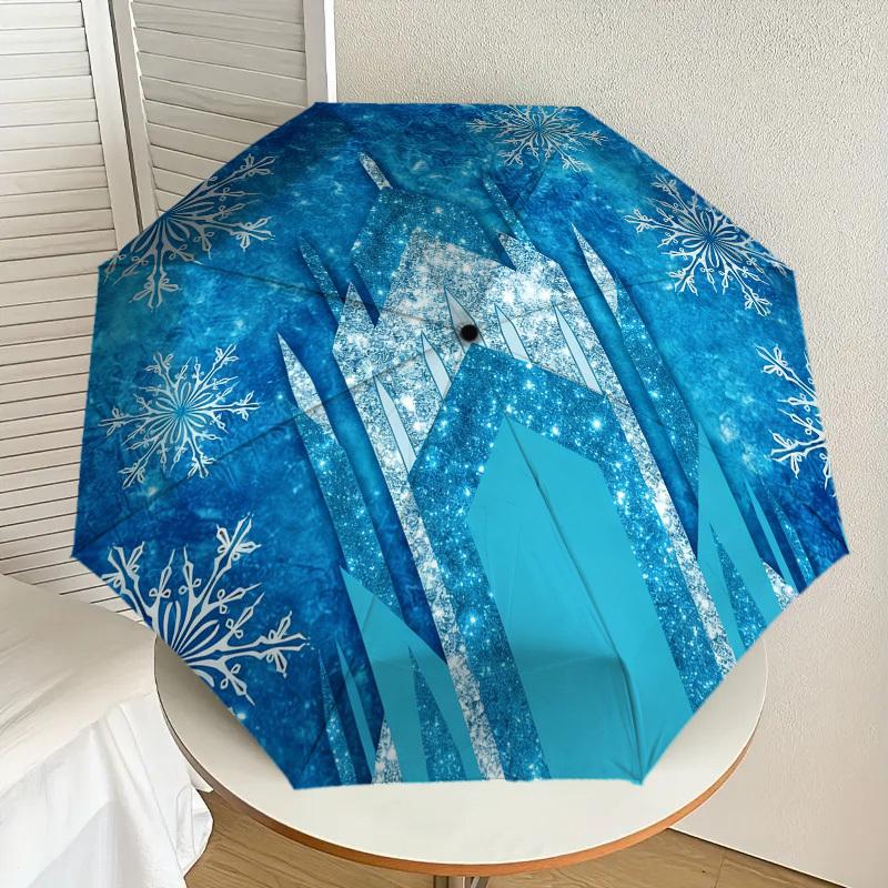 1pc Frozen Castle Snowflakes Automatic Folding Umbrella, Heavy Duty 8 Rib Iron Frame,  Suitable for Travel, Daily Use, Birthday, Decor Gift M0104006
