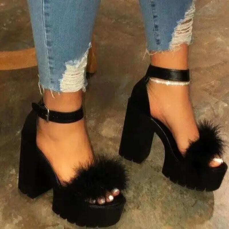 Fashion 2025 New Women Heeled Sandals Colorful Fluffy Heels for Ladies Fashion Buckle Luxury Designer Shoes for Women Sandalias De Mujer