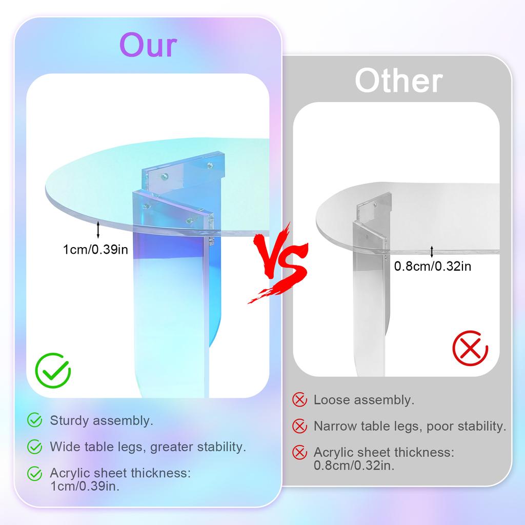 Acrylic Round Square Coffee Table Shatterproof Transparent End Table Iridescent Accent Side Table 4 Legs for Office Home Decor