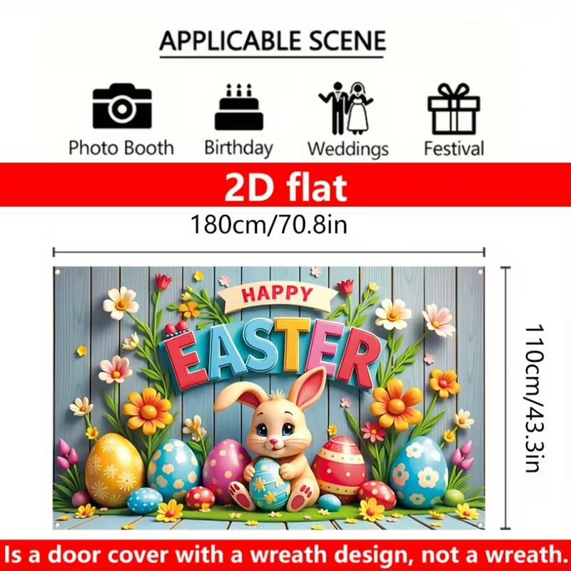 2D Spring Easter Door Cover Colorful Easter Bunny with Eggs on Wooden Background for Party Decoration
