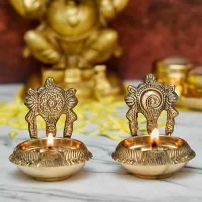 Pure Brass Decor Shanku Chakra Kuber Diya 7.62 Cm  2 Pairs In a Pack
