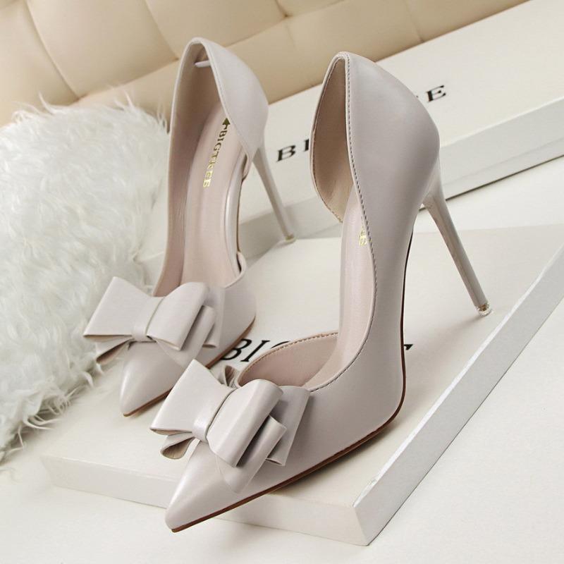 Fashion Women's Fashionable Delicate Sweet Bow High Heels Stiletto High Heel Shallow Mouth Pointed Single Women's Shoes Zapatos De Mujer