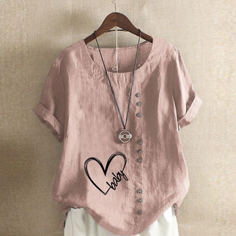 Women's Fashion Round Neck Short Sleeve T-shirt Casual Cotton Linen Graphic Shirt Leisure Loose Baby Heart Prined Summer Blouse Tops