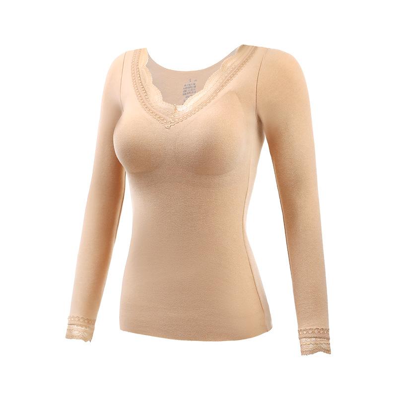 Lace Trim V Neck Thermal Long Sleeve Top With Built In Bra