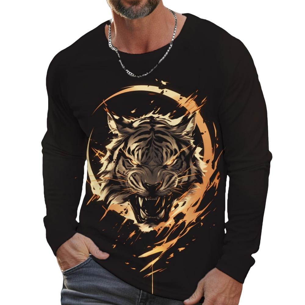 Tiger Graphic T Shirt Long Sleeve T-Shirt for Men Clothing Casual Tee Shirts Fashion 3D Animal Print Tops Vintage Men's Clothing