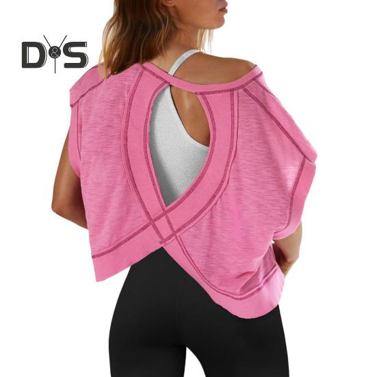 

Женская беговая футболка с круглым вырезом и коротким рукавом, открытая спина, спортивный топ свободного кроя, однотонные повседневные топы для спортзала S розовый