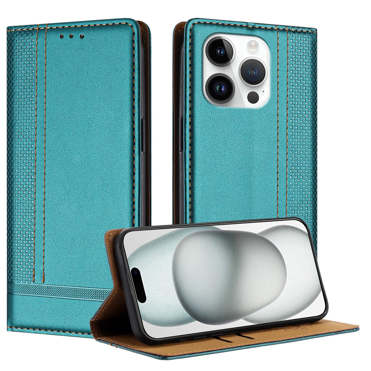 

For iPhone 15 Pro Case L-Shaped Grid Pattern Leather Stand Phone Cover with Card Slots Green