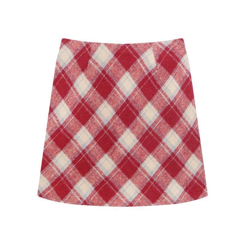 Women's High Waist Woolen Red Plaid A-Line Skirt - Hip-Hugging, Slimming, Autumn/Winter 2026