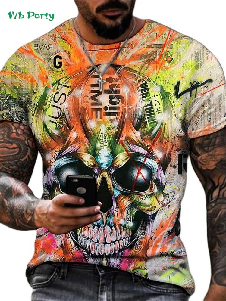 Retro skull 3D print men's T-shirt, summer street style men's top, fashionable round neck short-sleeved T-shirt, new loose fit men's clothing.