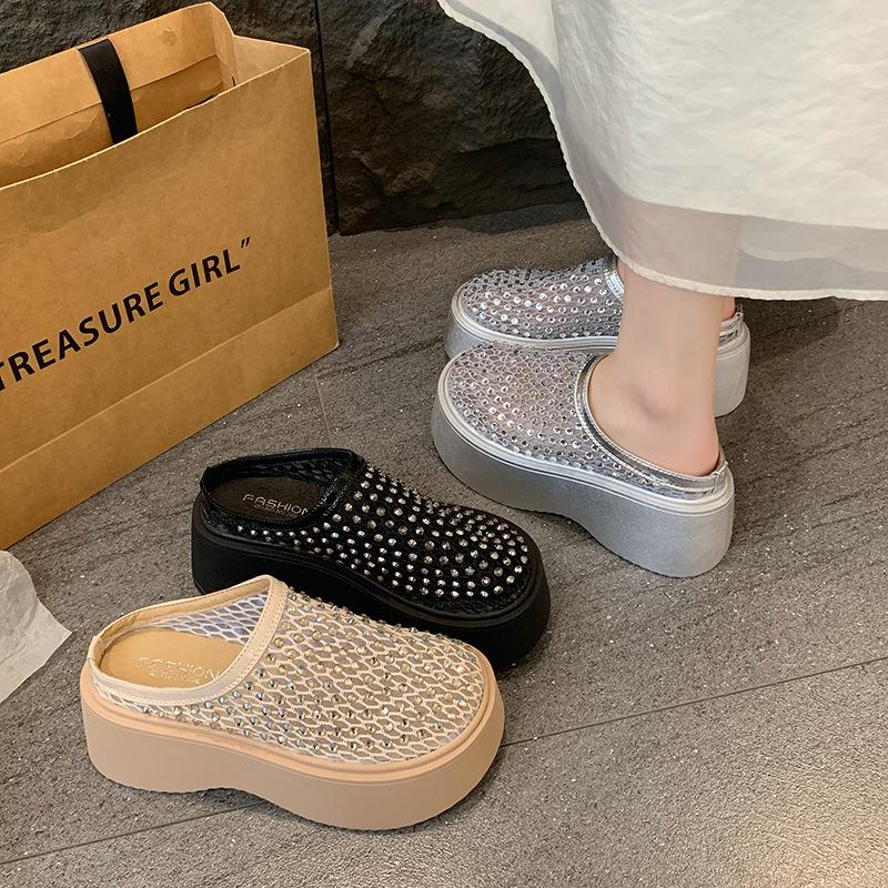 Papuci de vară 2025 cu talpă groasă, cu cap de geantă, pentru femei, de exterior, la modă și versatili, casual, leneși, cu un singur pedal, sandale semi-papuci