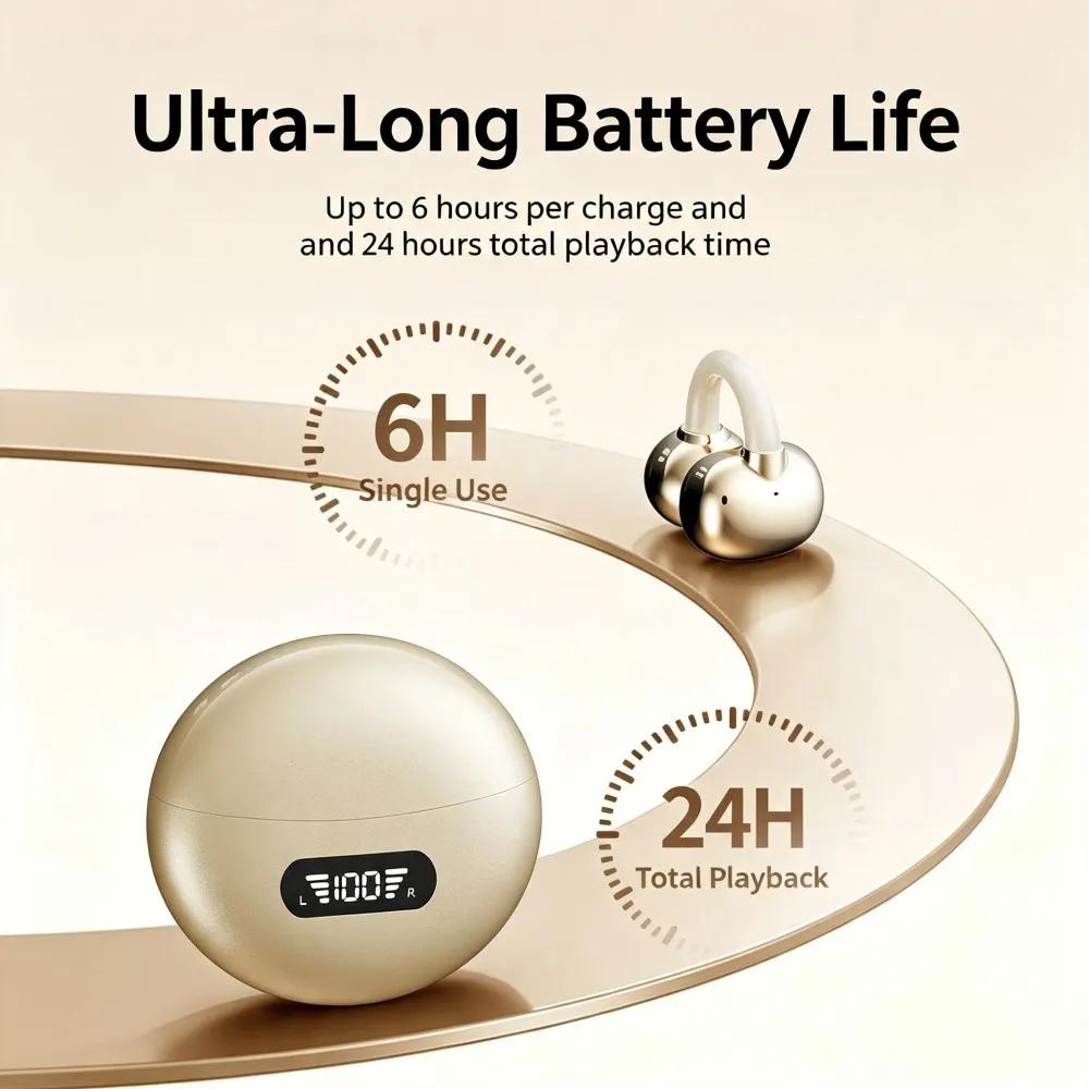 Bluetooth 6.0 Earphones Open Ear Clip Earbuds LED Digital Display ENC Noise Cancelling Wireless Headsets Clear Call Bass Boost Headphones