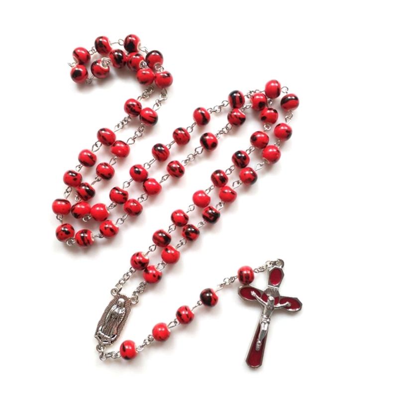 Red Ceramic Bead Cross Rosary Necklaces Bead Chain Pendant Ornaments for Home Church Yoga Room Decorations Gift 1