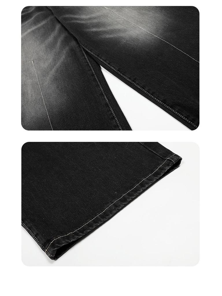 Yongfang Retro Wide-Leg Jeans - Unisex Black/Gray Distressed, Whiskered, Slimming 3D Straight Fit