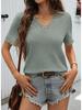 2026 Women's Casual V-neck Short-Sleeved Waffle Knit Top with Lace Patchwork