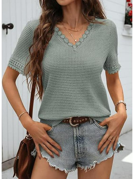 2026 Women's Casual V-neck Short-Sleeved Waffle Knit Top with Lace Patchwork