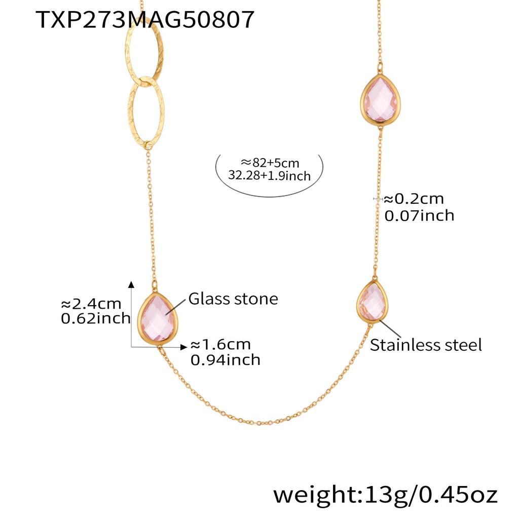 European & American Water Drop Glass Stone Long Sweater Necklace with Hollow Round Ring in Non-Fading Titanium Steel