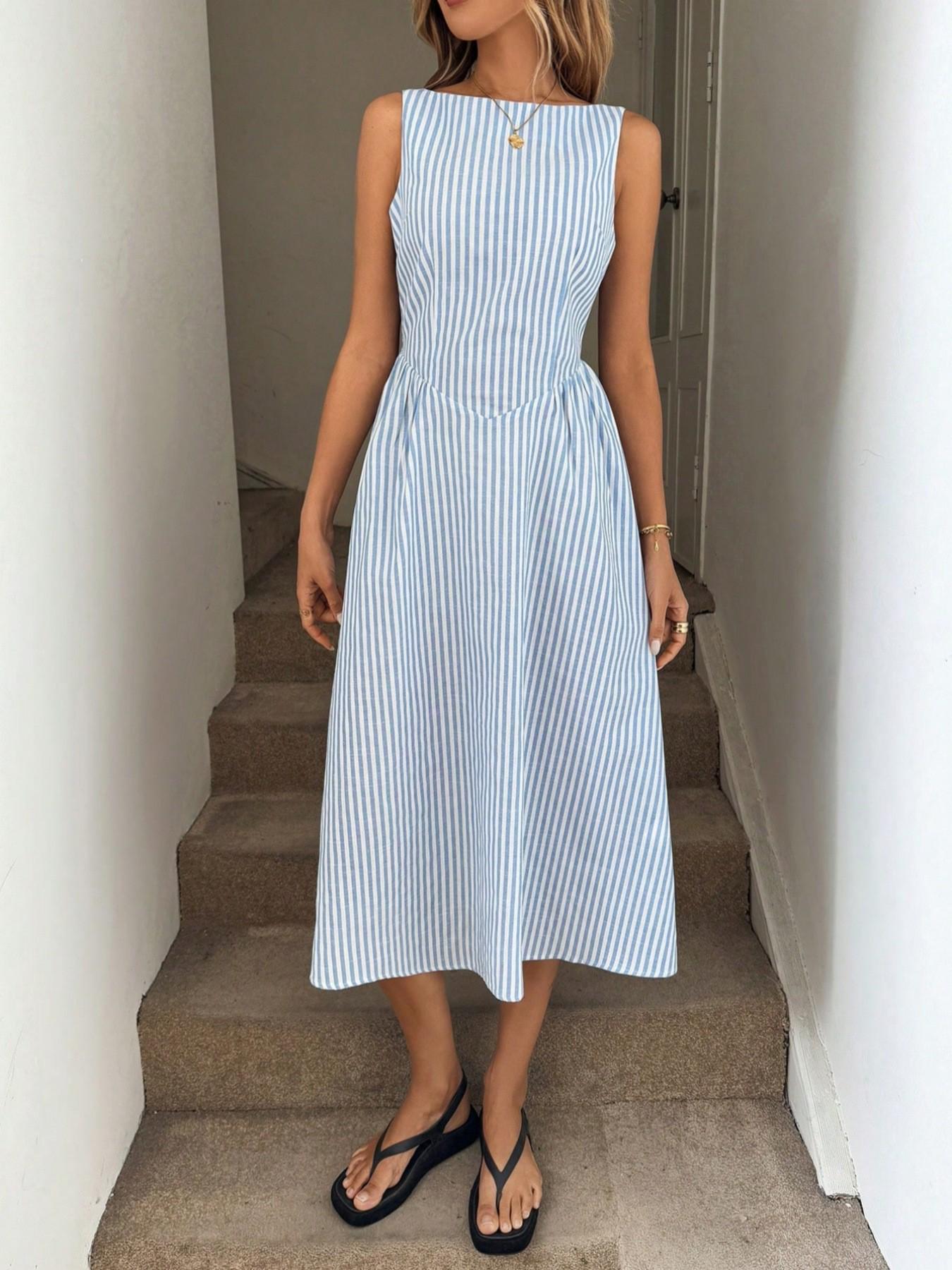 

2025 Summer Sleeveless Resort Style Slim Fit Vertical Stripe Dress XXL небесно-голубой