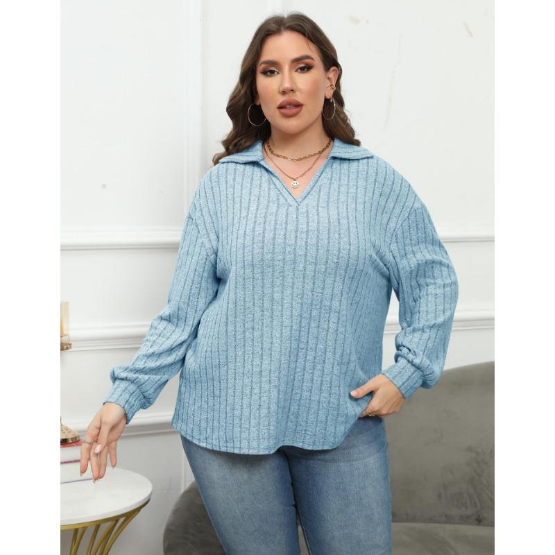 Women's Tops Polo Collar Sweater Pit Striped Base Shirt Casual T-shirt Versatile Pullover