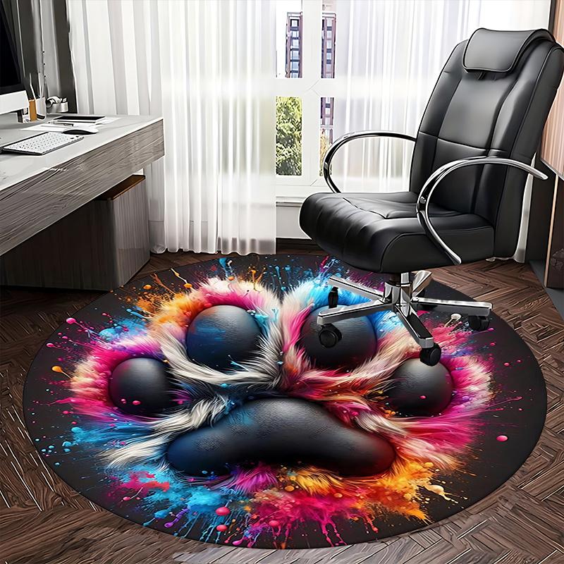 Colorful Paw Print Chair Mat Round Carpet for Home Decor, Office Use, Gift Idea Suitable for Bedroom, Living Room, s0124b