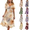 Women's Fashion Casual V Neck Short Sleeve Ruffled Vintage Printed Dresses