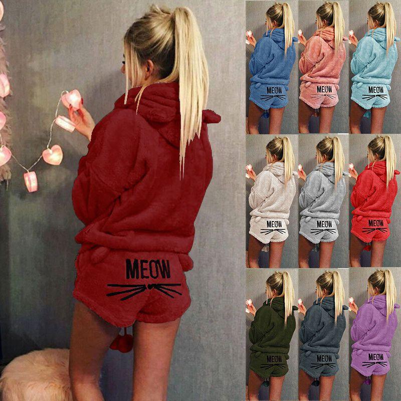 Womens Fleece Cat Fluffy Warm Pjs Pyjamas Sleepwear Nightwear Set Outfit Pajamas