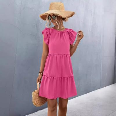 Summer Ruffled Loose Casual Dress Women New Elegant O Neck Pleat A-line Dresses Vintage Short Sleeve Fashion Party Midi Dress Lady 807
