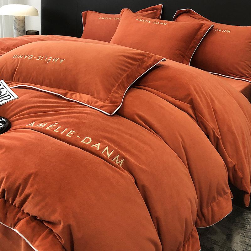 Class A baby velvet four-piece set baby velvet solid color embroidered milk velvet bed three-piece set flannel sheet quilt cover duvet cover