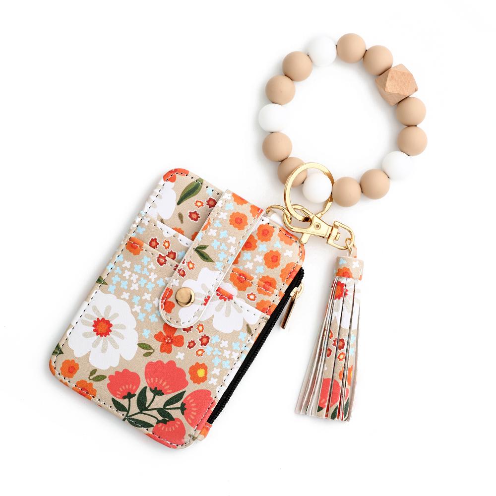 Silicone Bead Bracelet & Leather Card Holder Set - Business Gift Pack with  Keychain & Printed ID Bag