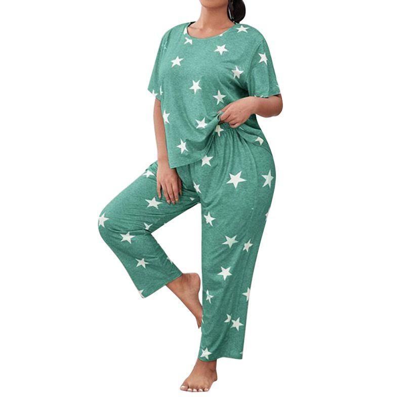 Damen Übergröße Pyjama Sets Lässig Locker Kurzarm Oberteil und Hose Loungewear