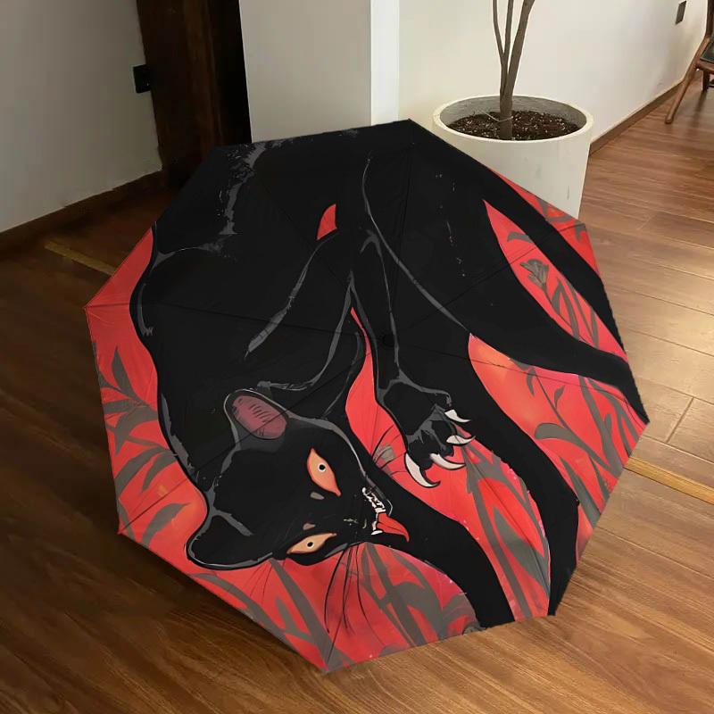 1pc Black Panther with Red Background Umbrella with Plastic Handle,Suitable for All Seasons Home Travel Outdoor UmbrellaDD117