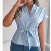 Women's Loose Casual Solid Color Button Drawstring Short Sleeved Shirt Top Short Sleeved Shirt Top
